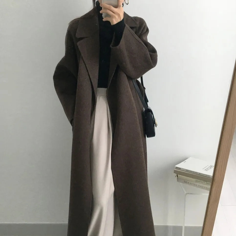 JXMYY French Lazy Style Warm Female Fresh Winter 2024 Classical Belt Retro Loose Women Woolen Coats Chic Casual Long Coat Long - reetell