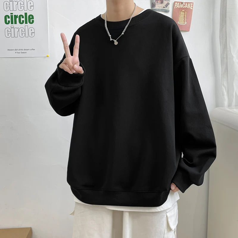 Simple Design Round Neck Sweatshirt Men Loose Streetwear Pullover Male Hoodies Black Beige Pink - reetell