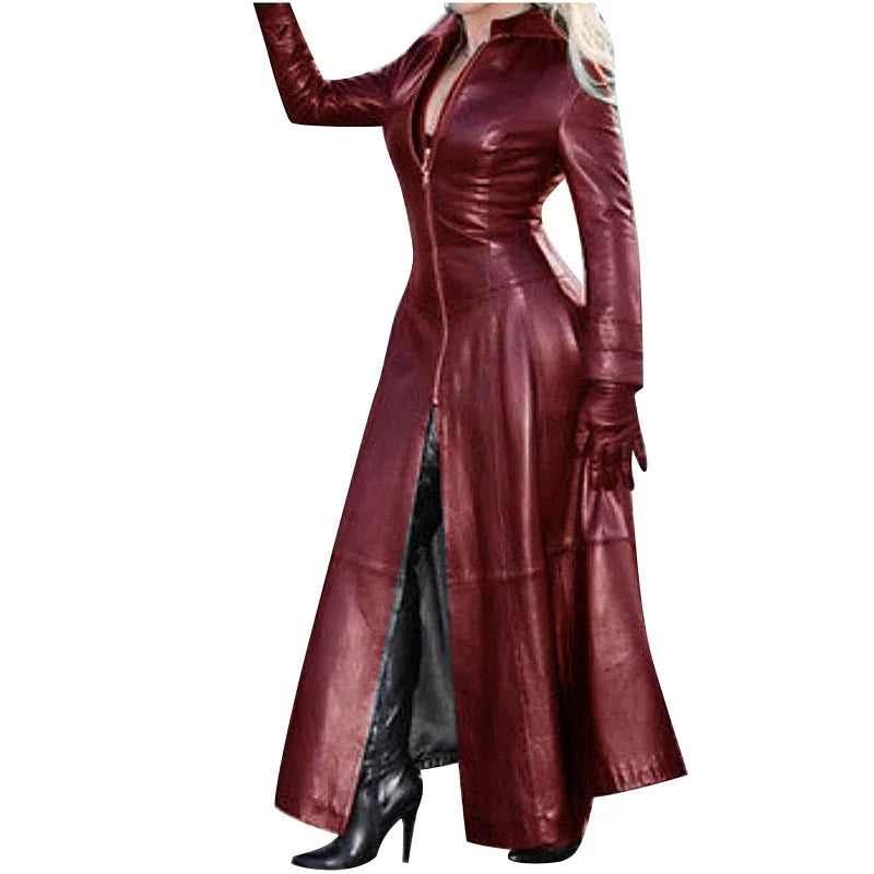 Halloween Women's Winter Sexy Slim-fit Lace-up Leather Jacket Medieval Ranger Adult Long Skirt Coat Cosplay Costume - reetell