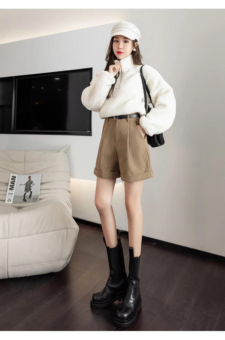 Streetwear Winter Corduroy Shorts Women Casual Loose Wide Leg Woolen Shorts With Belt High Waist Short Femme Black Khaki Brown - reetell