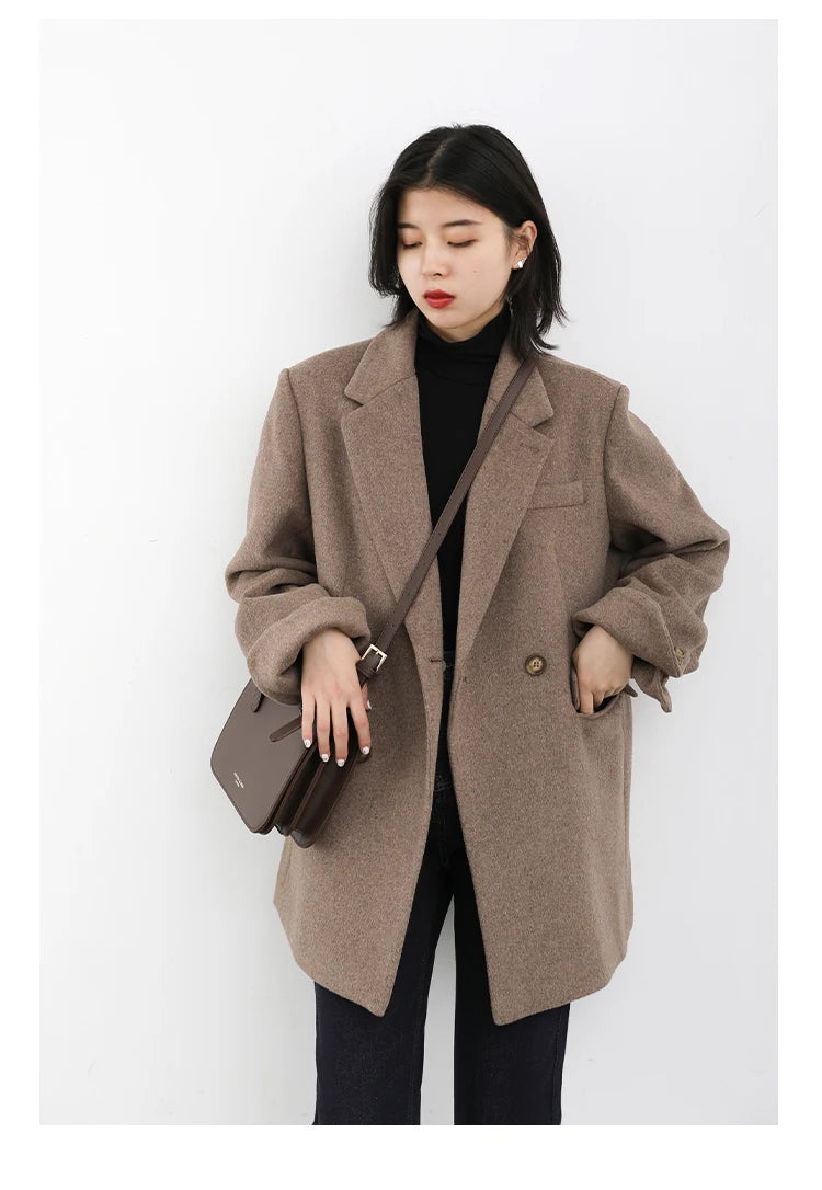 CHIC VEN Women Wool Blend Coat Solid Mid Long Woolen Blazer Thick Warm Blouse Women's Overcoat Office Lady Tops Autumn Winter - reetell