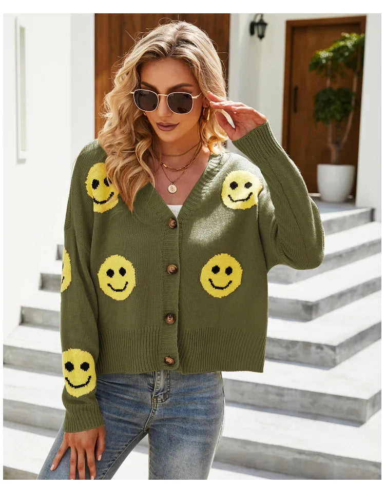 Women's Smiling Face Cardigan Autumn Winter New Female's Long Sleeve V Neck Single Breasted Knitted Shirt Casual Loose Knitwear - reetell