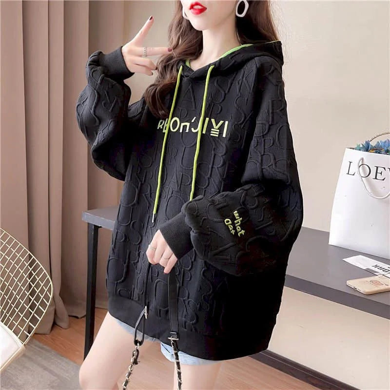 Autumn New Embroidery Hoodies Womens Fashion Loose Large Size Hoodie Korean Trendy Thin Long-sleeved Versatile Hooded Sweatshirt - reetell