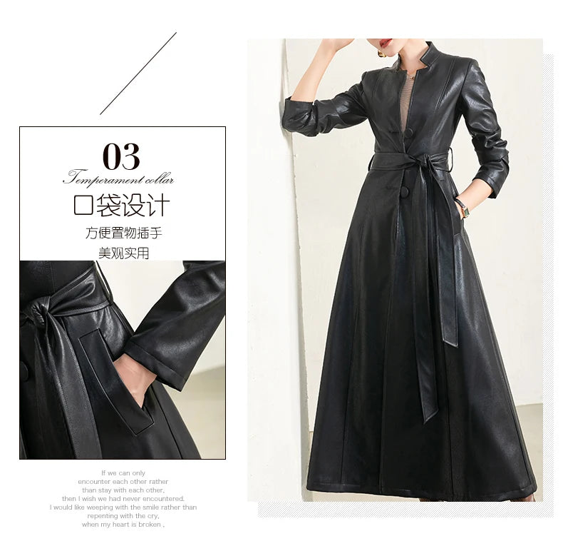 Lautaro Spring Autumn Long Black Soft Waterproof Faux Leather Coat Women Belt Long Sleeve Single Breasted Luxury Fashion 2022