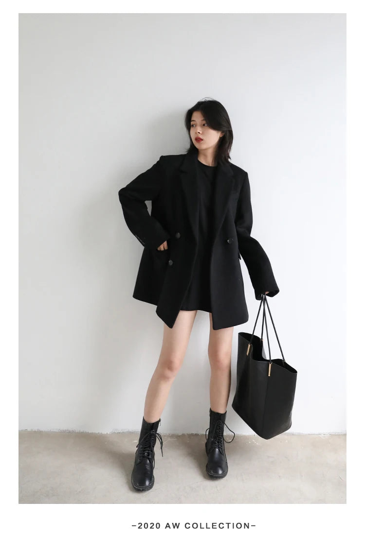 CHIC VEN Women Wool Blend Coat Solid Mid Long Woolen Blazer Thick Warm Blouse Women's Overcoat Office Lady Tops Autumn Winter - reetell