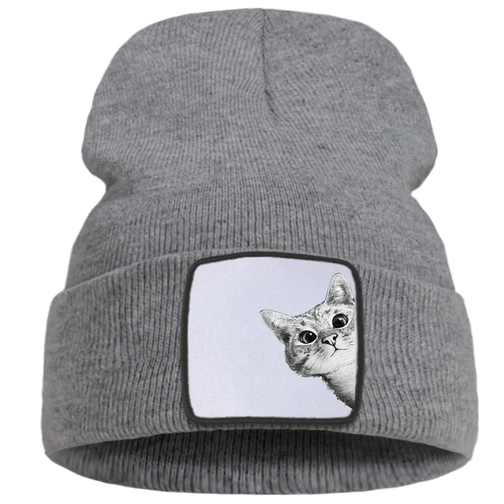 Hats Funny Kitten Cat Print Man Winter Knitted Hat Hip Hop Warm Fashion Hats Women Autumn Outdoor Solid Color Caps For Boys