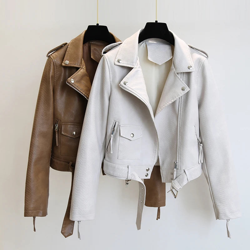 Ftlzz Spring Autumn Women Faux Leather Jacket Slim Streetwear Khaki Leather Coat Biker Moto Jacket with Belt Female Outerwear