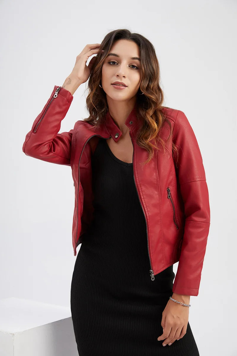 Women Leather Jacket 2024 Spring Autumn Black PU Leather Coat Stand-up Collar Motor Biker Jacket