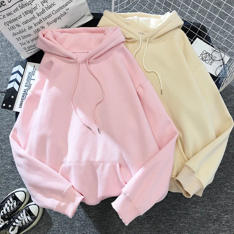 Zuolunouba Autumn And Winter Solid Color Plus Velvet Thickening Female Hoodie Casual Loose Drawstring Pocket Women Sweatshirt - reetell