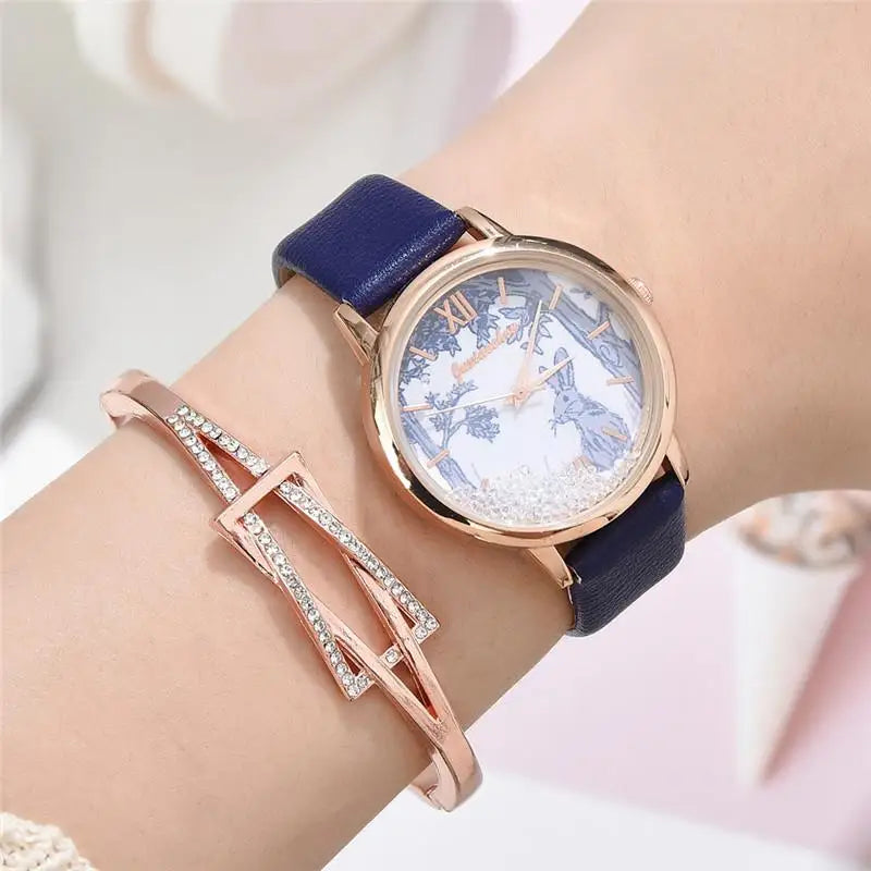 Luxury Rhinestones Women Watches Fashion Rabbit Pattern Dial Design Ladies Wristwatches Qualities Female Quartz Leather Watch