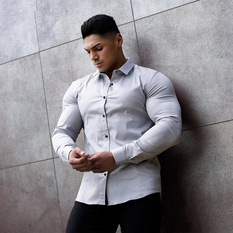 Men Fashion Casual long Sleeve Solid Shirt Super Slim Fit Male Social Business Dress Shirt Brand Men Fitness Sports Clothing - reetell