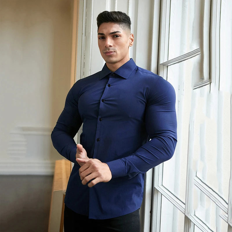 Men Fashion Casual long Sleeve Solid Shirt Super Slim Fit Male Social Business Dress Shirt Brand Men Fitness Sports Clothing - reetell