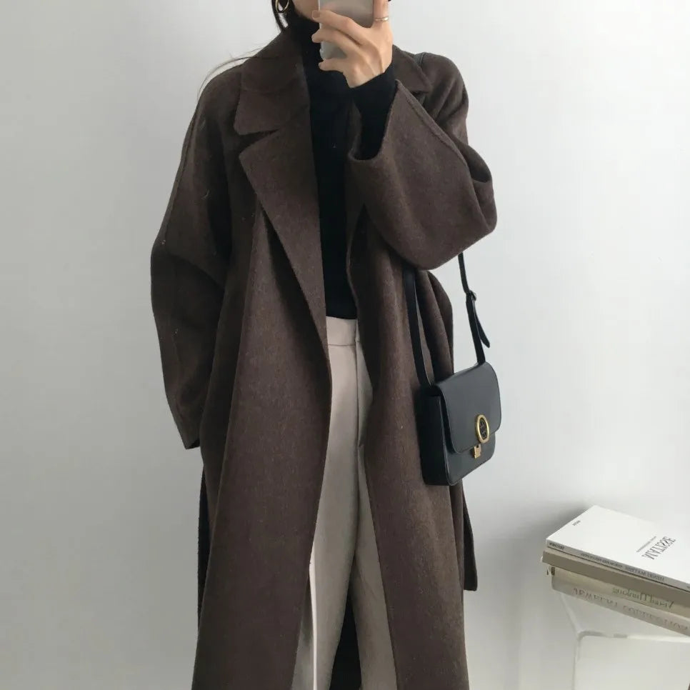 JXMYY French Lazy Style Warm Female Fresh Winter 2024 Classical Belt Retro Loose Women Woolen Coats Chic Casual Long Coat Long - reetell