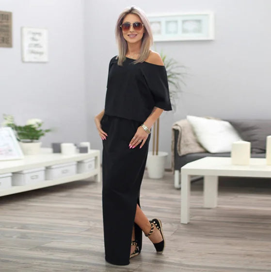 Sexy Slash neck Side Split Loose Dress Women Summer Long Maxi Dress Short Sleeve Evening Party Dress - reetell