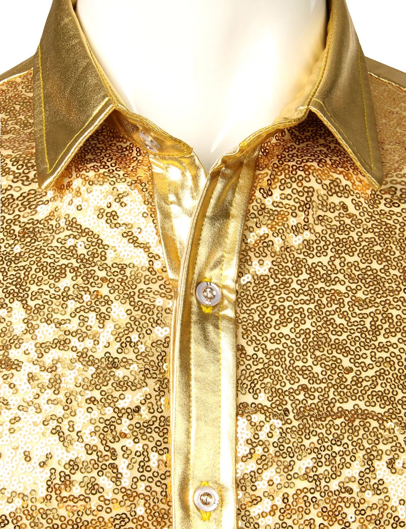 Men's Disco Shiny Gold Sequin Metallic Design Dress Shirt Long Sleeve Button Down Christmas Halloween Bday Party Stage Costume - reetell