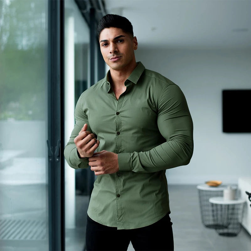 Men Fashion Casual long Sleeve Solid Shirt Super Slim Fit Male Social Business Dress Shirt Brand Men Fitness Sports Clothing - reetell