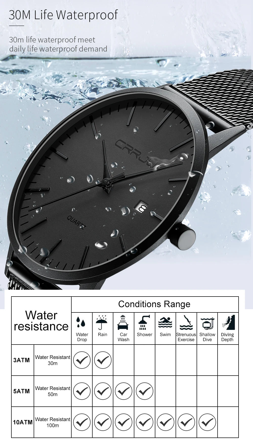 CRRJU Fashion Mens Watches Ultra Thin Quartz Watch Men Casual Slim Mesh Steel Waterproof Sport Watch Black Relogio Masculino