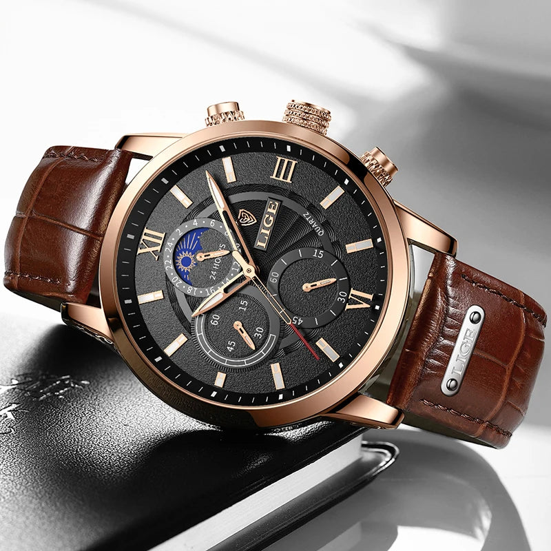 2024 New Mens Watches LIGE Top Brand Luxury Leather Casual Quartz Watch Men's Sport Waterproof Clock Watch Relogio Masculino+Box