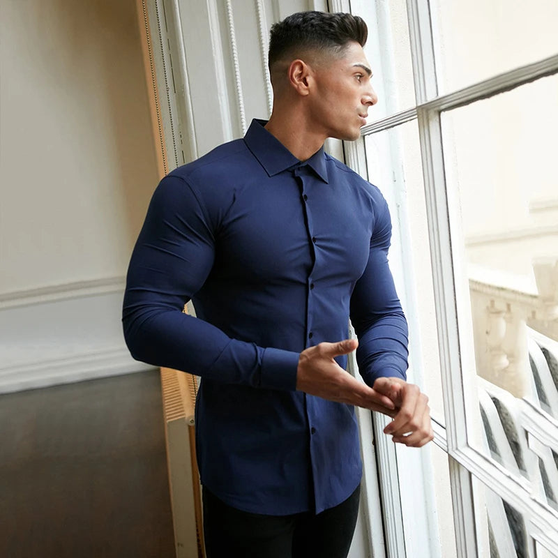 Men Fashion Casual long Sleeve Solid Shirt Super Slim Fit Male Social Business Dress Shirt Brand Men Fitness Sports Clothing - reetell