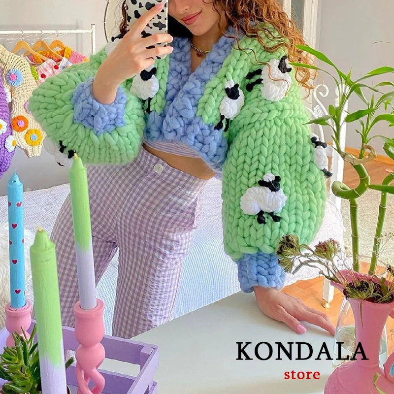 KONDALA 2023 Streetwear Green Handmade Sheep Appliques Knitted Cardigans Women Long Puff Sleeve Loose Jackets Stylish Sweater - reetell