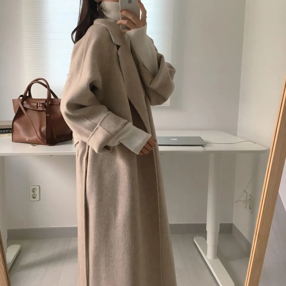 JXMYY French Lazy Style Warm Female Fresh Winter 2024 Classical Belt Retro Loose Women Woolen Coats Chic Casual Long Coat Long - reetell