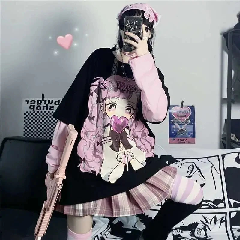 Long Sleeve Anime Kawaii Hoodie Clothes Spring Autumn Hip Hop Japanese Female Loose Harajuku Women Sweatshirts E Girl Clothes - reetell