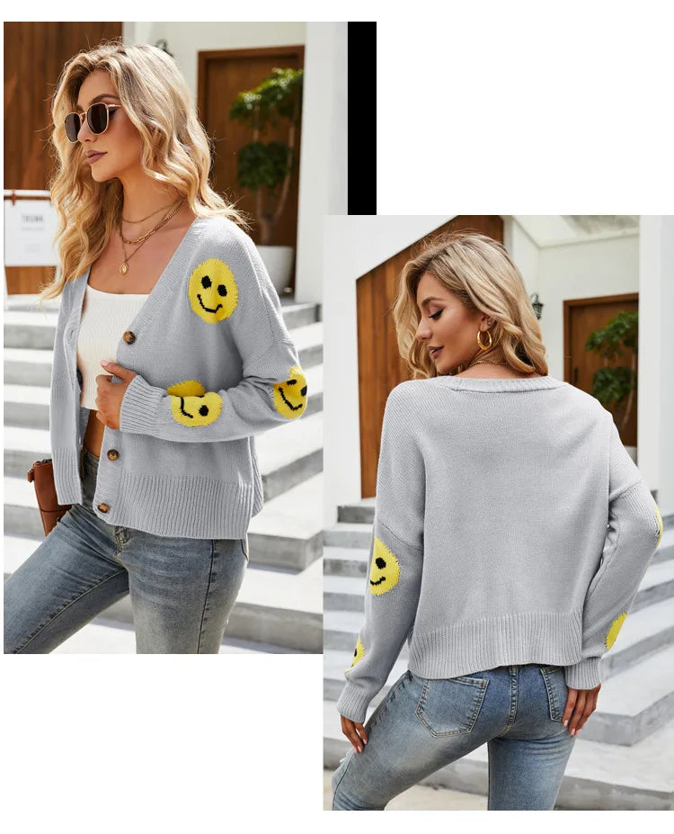 Women's Smiling Face Cardigan Autumn Winter New Female's Long Sleeve V Neck Single Breasted Knitted Shirt Casual Loose Knitwear - reetell