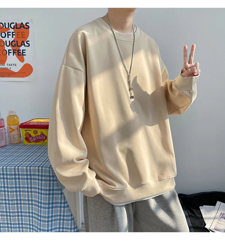 Simple Design Round Neck Sweatshirt Men Loose Streetwear Pullover Male Hoodies Black Beige Pink - reetell