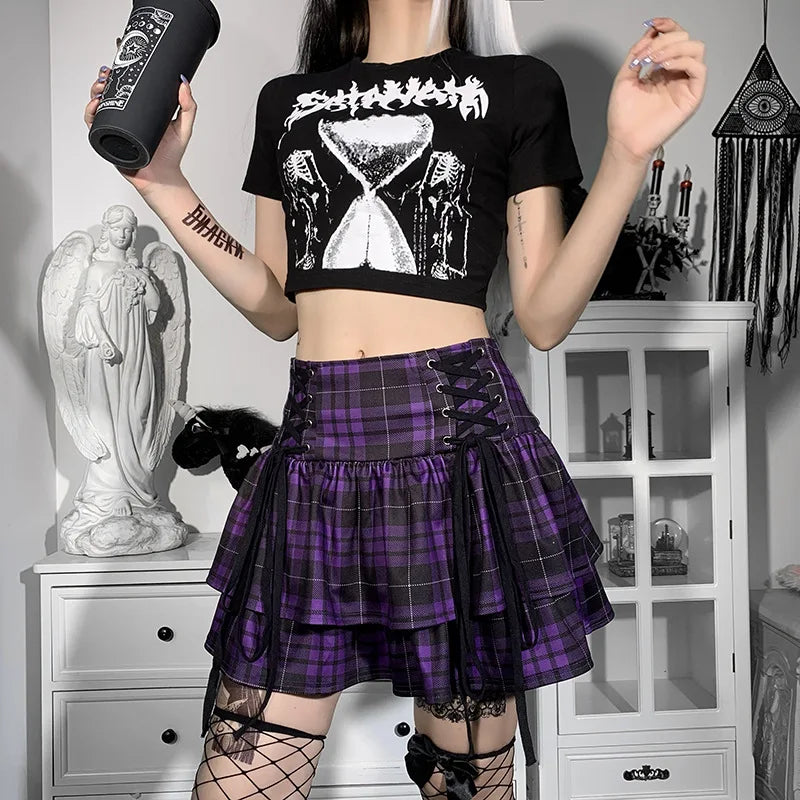 Vintage Y2K Punk Sexy High Waist Mini Skirts Purple Plaid Bandage Harajuku Aesthetic Skirt Goth Grunge Cake Skirt Streetwear - reetell