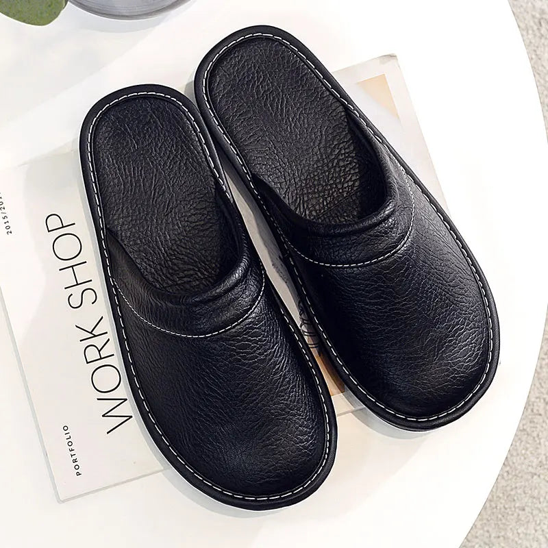 Autumn Winter Indoor Shoes 47 48 Men's Blue Bedroom Slippers Man Concise Slides Faux Fur Mules Leather Home Slipper Flip Fops