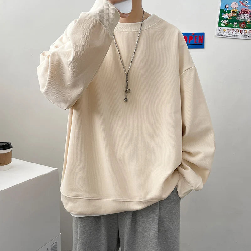 Simple Design Round Neck Sweatshirt Men Loose Streetwear Pullover Male Hoodies Black Beige Pink - reetell