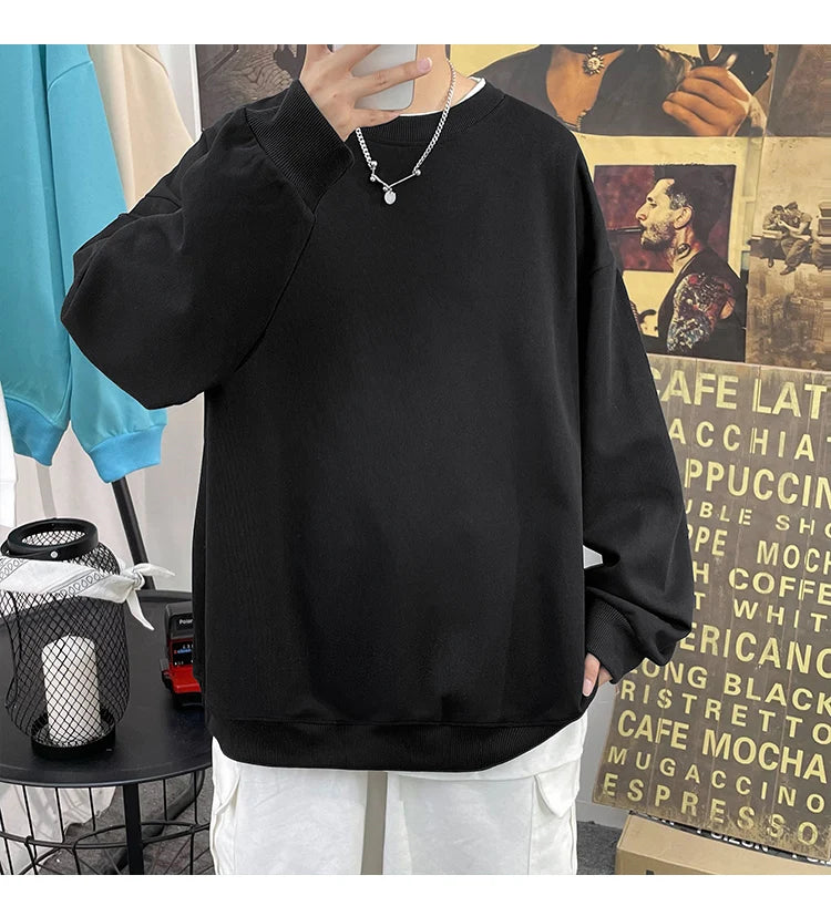 Simple Design Round Neck Sweatshirt Men Loose Streetwear Pullover Male Hoodies Black Beige Pink - reetell