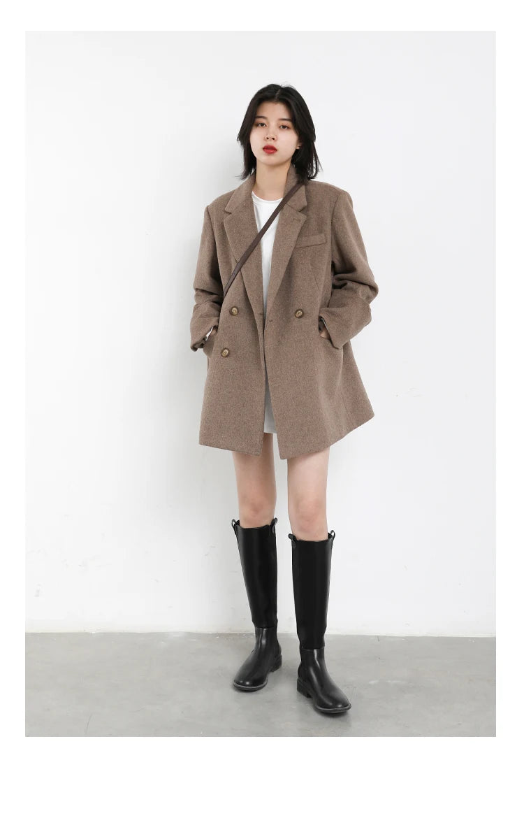 CHIC VEN Women Wool Blend Coat Solid Mid Long Woolen Blazer Thick Warm Blouse Women's Overcoat Office Lady Tops Autumn Winter - reetell