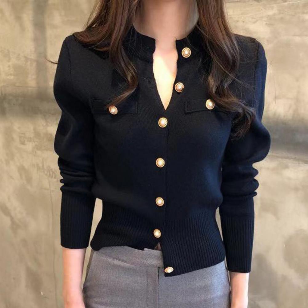 Women Cardigan Sweater Decorative Pockets Faux Pearl Buttons Knitted Coat Short Single Breasted Korean Slim Chic Ladies Tops - reetell