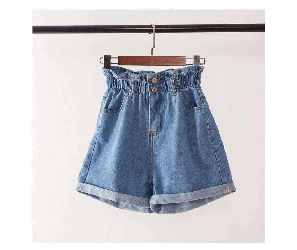 Jielur Summer Black Women Denim Shorts Women S-5XL Harem Ruffled White Blue High Waisted Shorts Female Elastic Short Jeans - reetell