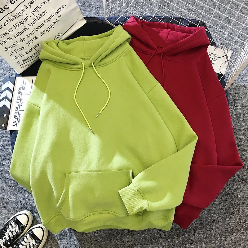 Zuolunouba Autumn And Winter Solid Color Plus Velvet Thickening Female Hoodie Casual Loose Drawstring Pocket Women Sweatshirt - reetell