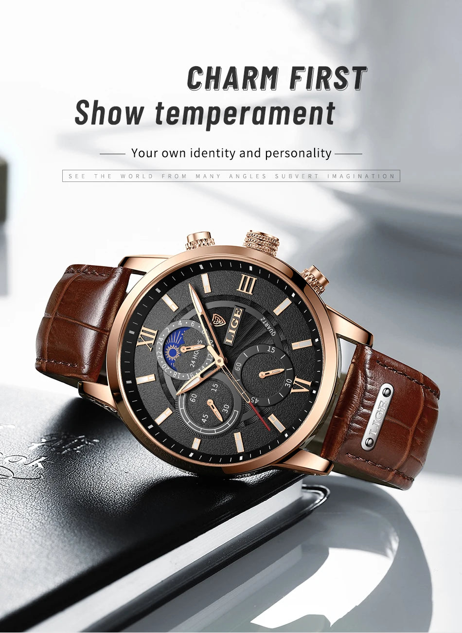 2024 New Mens Watches LIGE Top Brand Luxury Leather Casual Quartz Watch Men's Sport Waterproof Clock Watch Relogio Masculino+Box