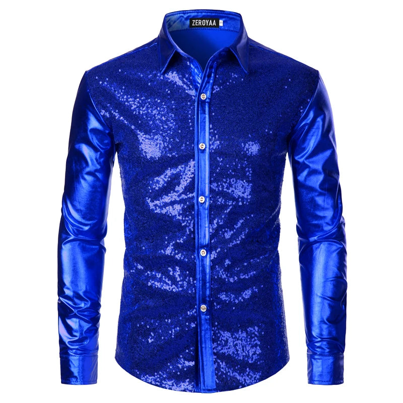 Men's Disco Shiny Gold Sequin Metallic Design Dress Shirt Long Sleeve Button Down Christmas Halloween Bday Party Stage Costume - reetell