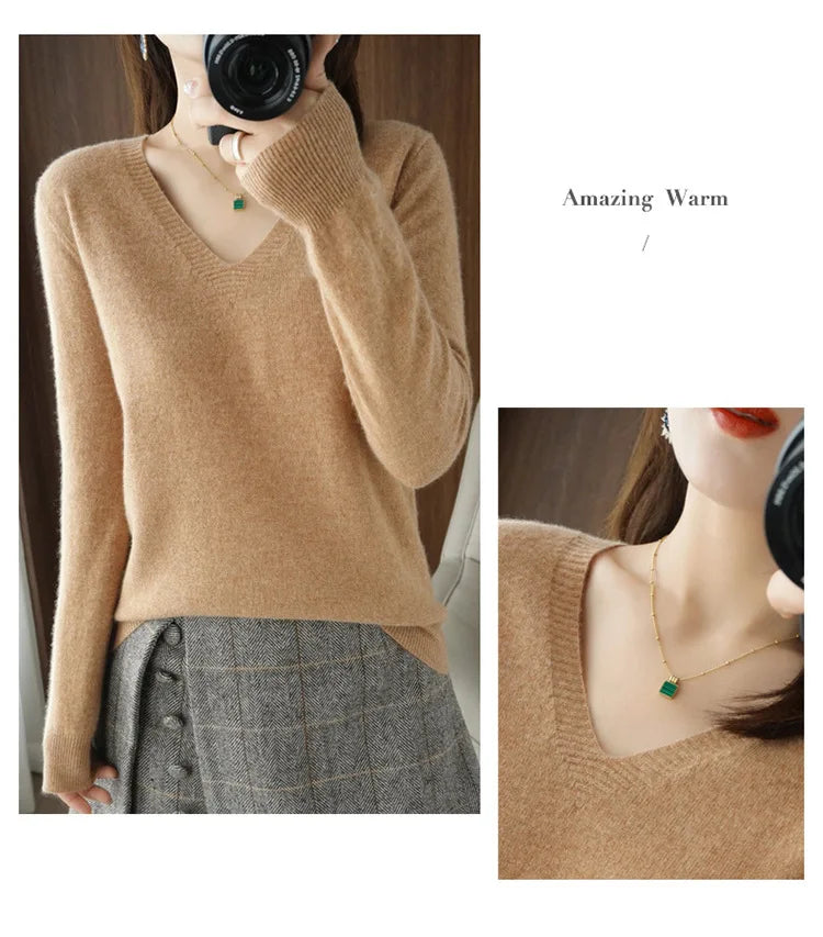 Women's Sweater 2024 Autumn Winter Knitted Pullovers V-neck Slim Fit Bottoming Shirt Solid Soft Knitwear Jumpers Basic Sweaters - reetell