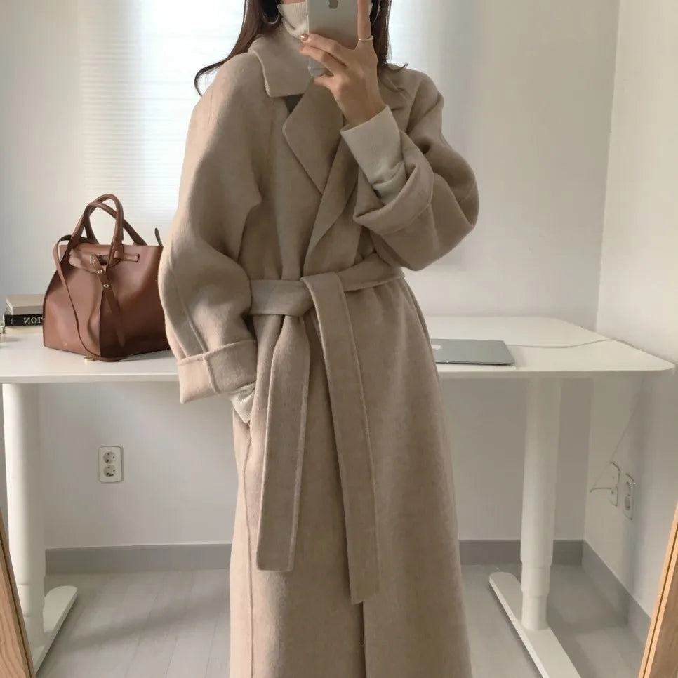 JXMYY French Lazy Style Warm Female Fresh Winter 2024 Classical Belt Retro Loose Women Woolen Coats Chic Casual Long Coat Long - reetell