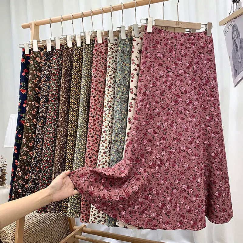 Women 2021 Autumn Winter Vintage Floral Print Pleated Midi Skirt Female High Waist Corduroy Skirts Elegant Ladies Bottom - reetell