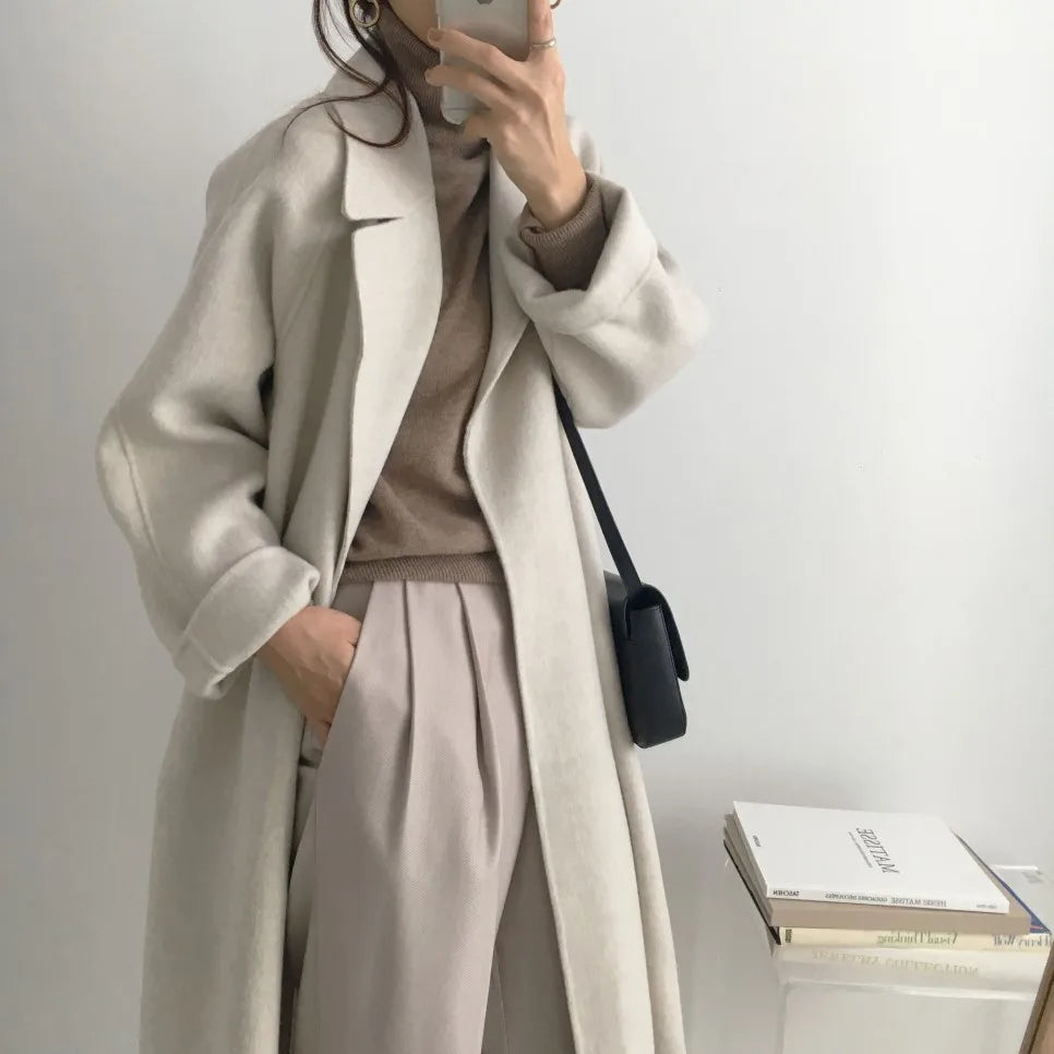 JXMYY French Lazy Style Warm Female Fresh Winter 2024 Classical Belt Retro Loose Women Woolen Coats Chic Casual Long Coat Long - reetell