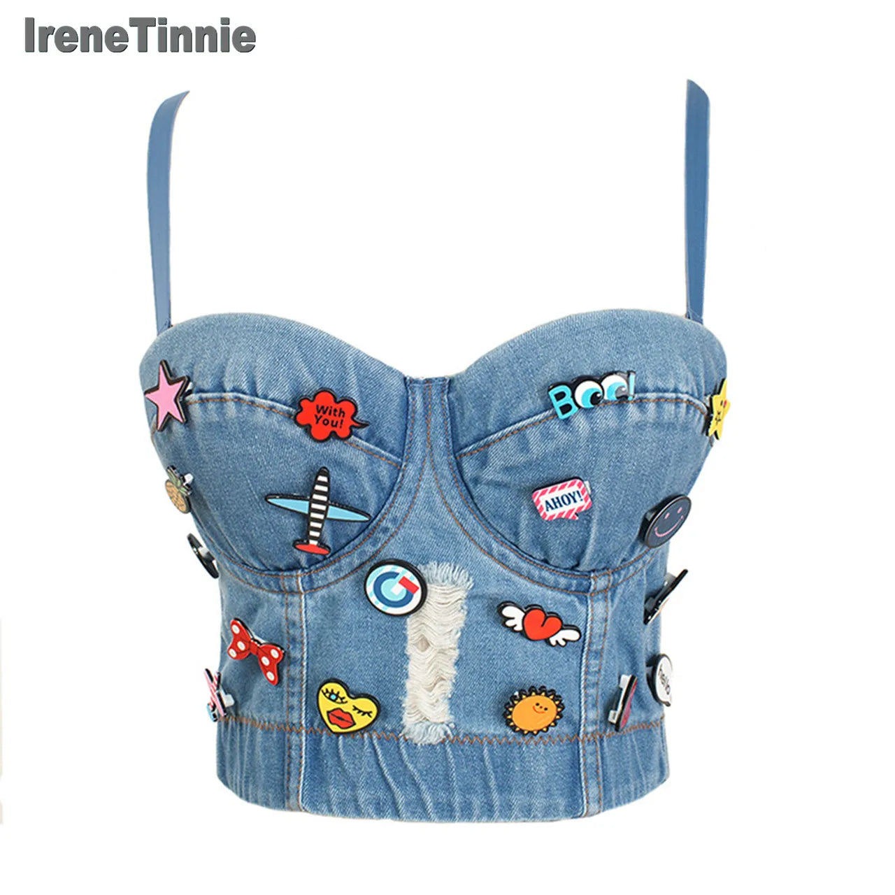 Irene Tinnie Sexy Cute Hole Cartoon Decoration Push Up Bustier Women's Denim Bralette Cropped Top Vest Plus Size - reetell