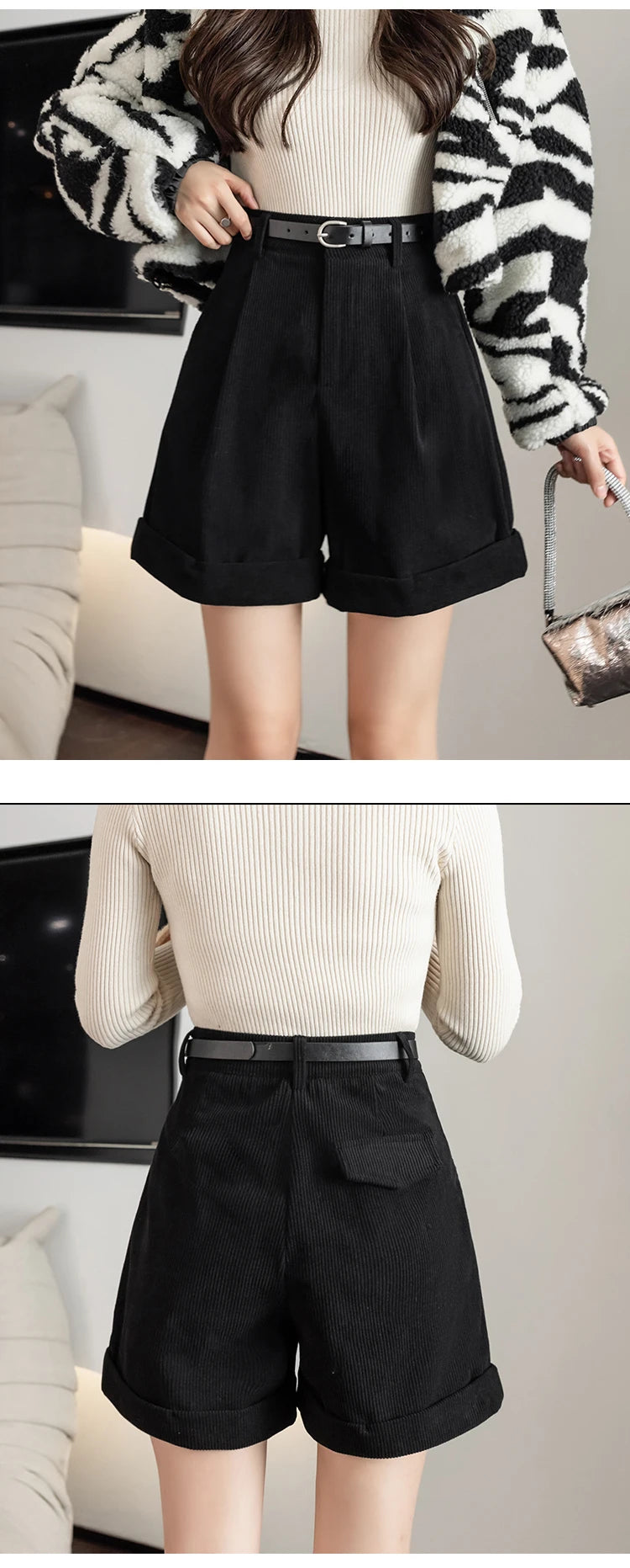 Streetwear Winter Corduroy Shorts Women Casual Loose Wide Leg Woolen Shorts With Belt High Waist Short Femme Black Khaki Brown - reetell