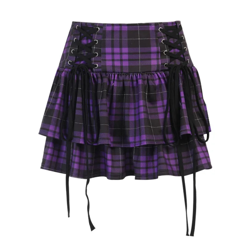 Vintage Y2K Punk Sexy High Waist Mini Skirts Purple Plaid Bandage Harajuku Aesthetic Skirt Goth Grunge Cake Skirt Streetwear - reetell