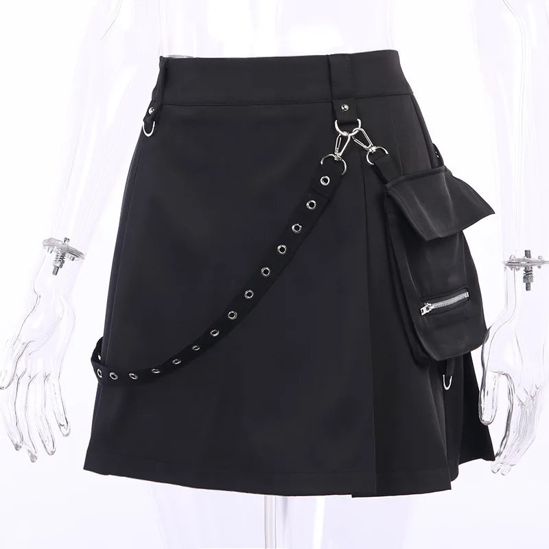 Black Skirt Harajuku Punk Gothic Black High Waist Black Women Sexy Patchwork Bandage Mini Skirt Female Streetwear - reetell