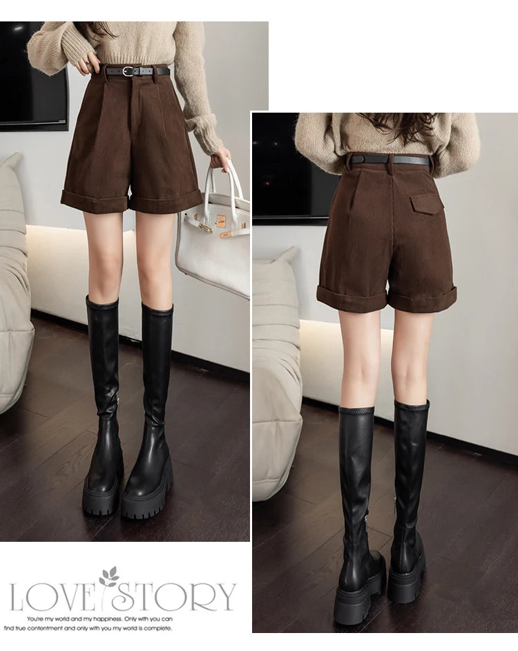 Streetwear Winter Corduroy Shorts Women Casual Loose Wide Leg Woolen Shorts With Belt High Waist Short Femme Black Khaki Brown - reetell