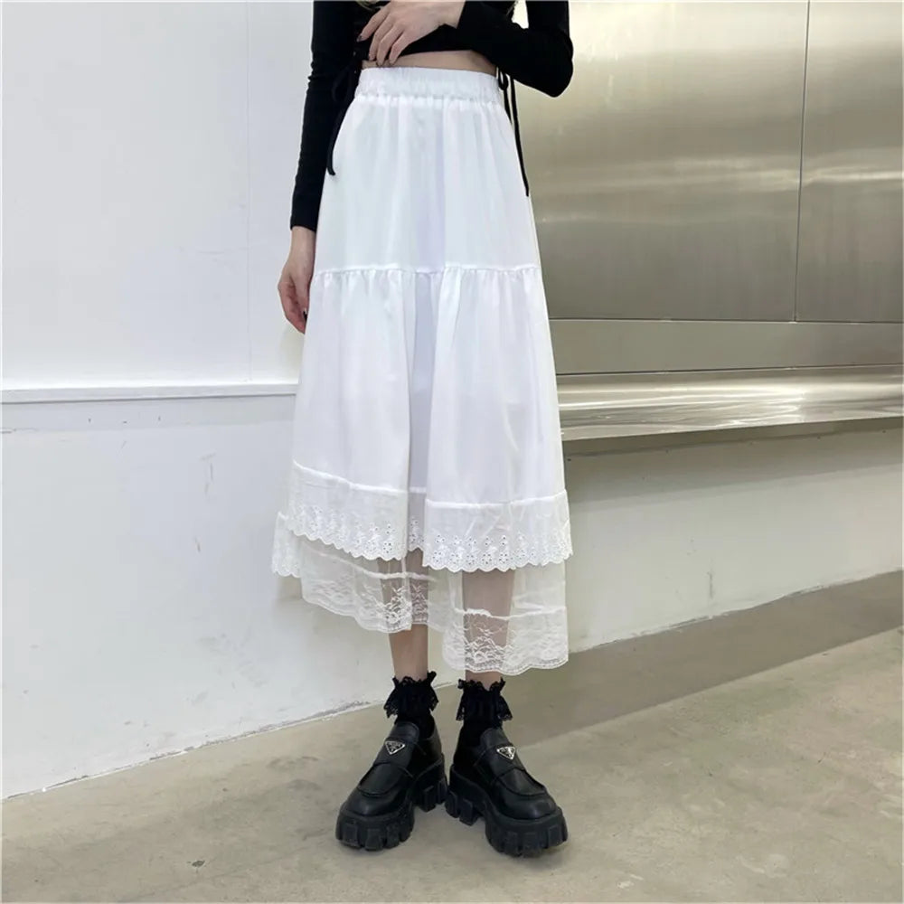 Y2k Gothic Tulle Pleated Skirt Black Lace Stitching Irregular Midi Skirt Women Vintage High Waist Long Skirt Korea Solid Hip Hop - reetell