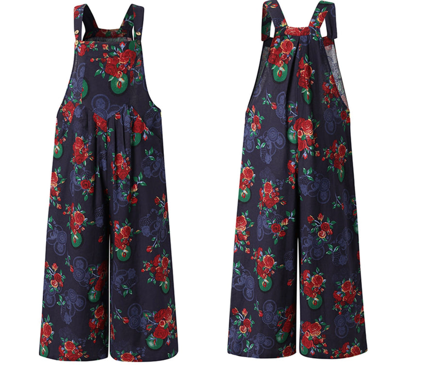 Summer New Women Casual Loose Flower Print Jumpsuits Women's Overalls Boho Sleeveless Square Collar Jumpsuits Rompers