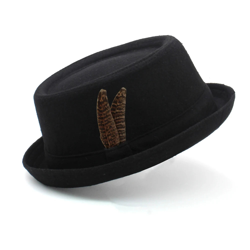 3 Sizes Men Women Wool Pork Pie Hat Retro Feather Band Fedora Cap Trilby Sunhat Classical Jazz Party Outdoor Travel Street Style